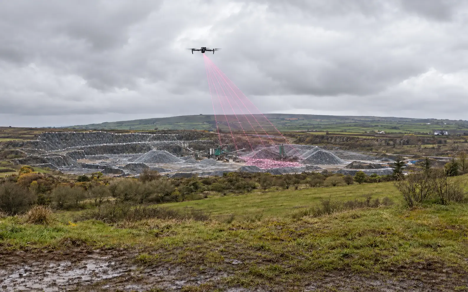 Illustrative drone survey of a quarry with a conceptual 3D mesh and scanning overlay