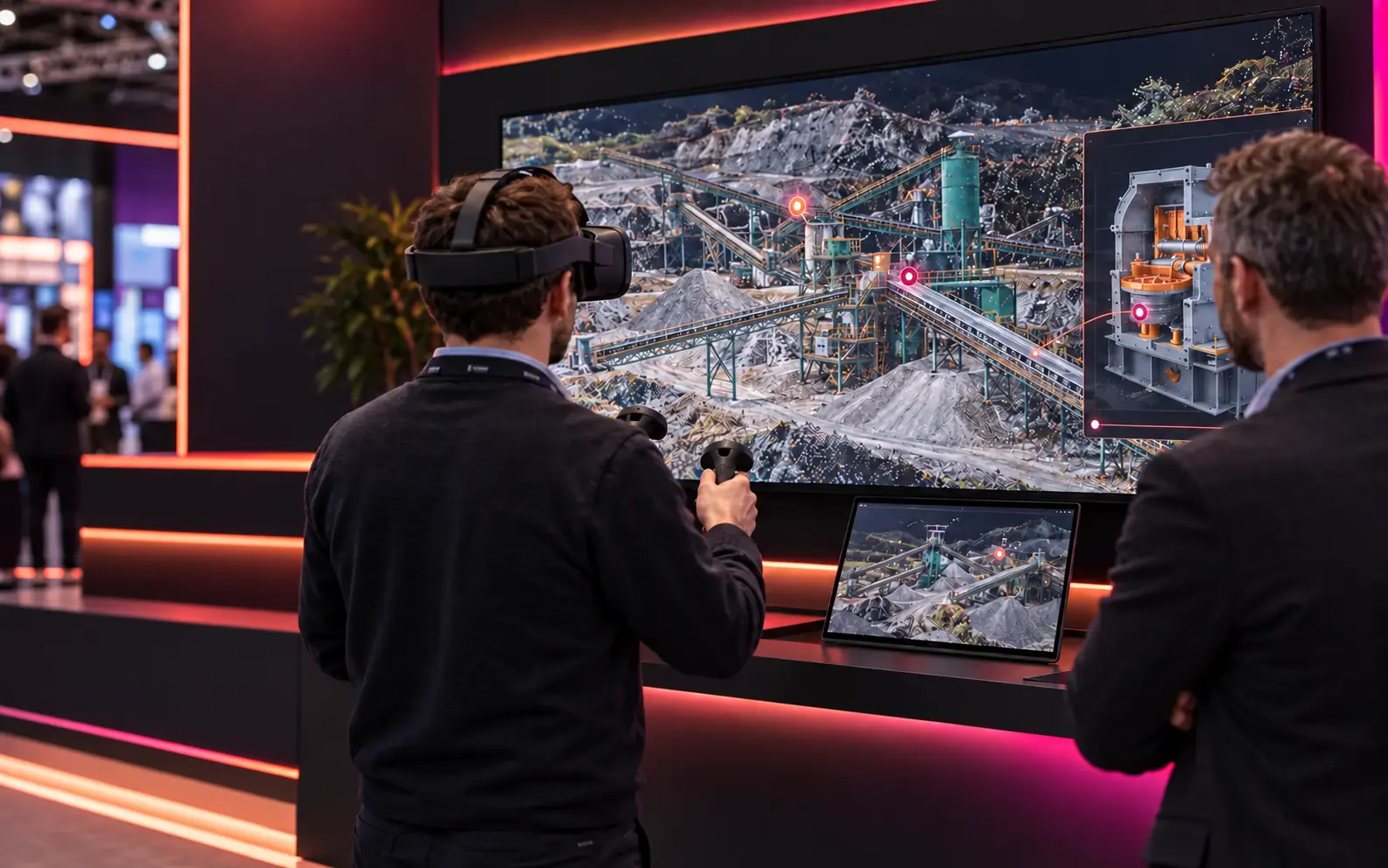 Illustrative scene of an immersive VR and digital-twin machine demonstration at a trade show