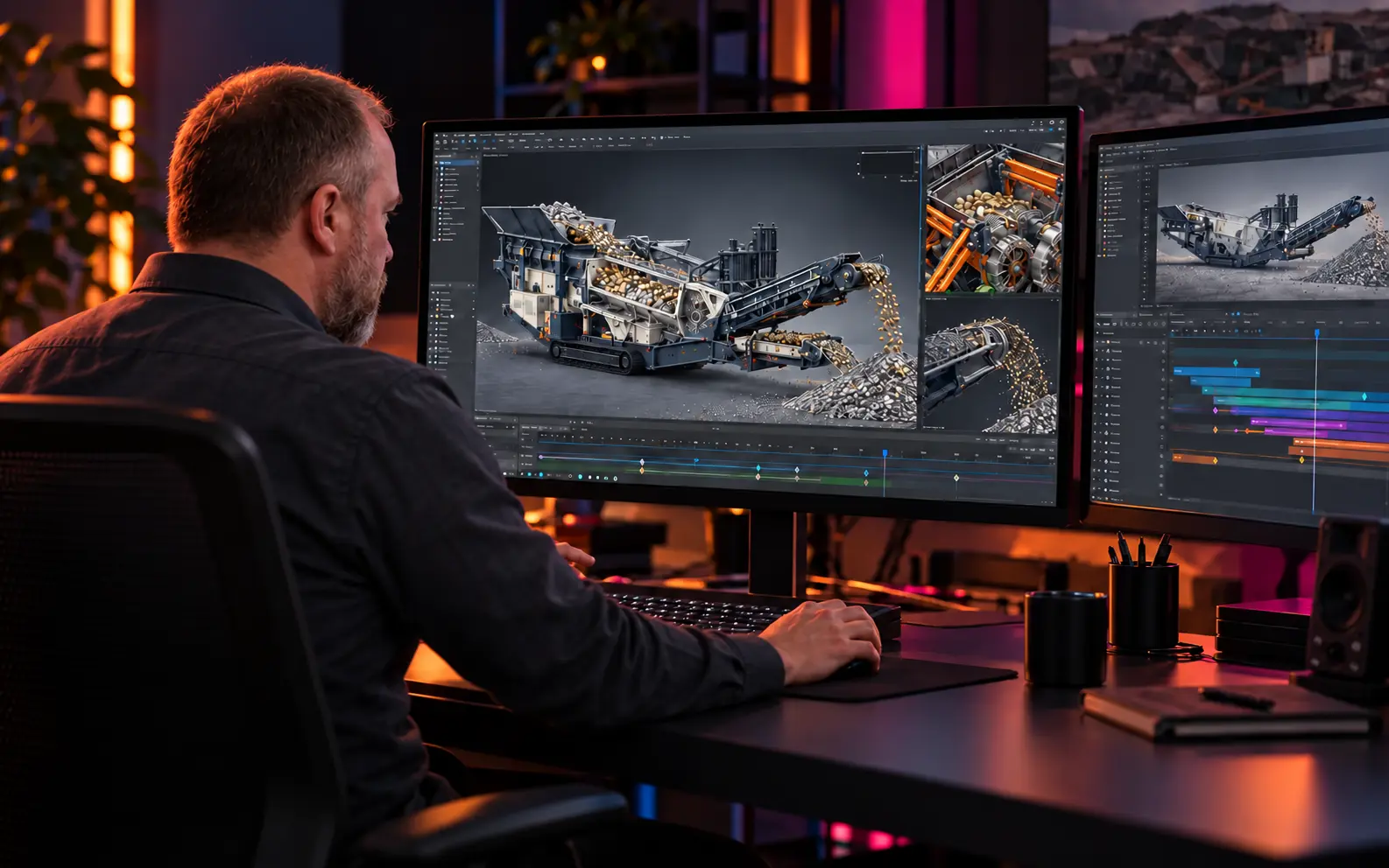 Illustrative scene of a technical artist reviewing a 3D machine animation on professional workstation screens